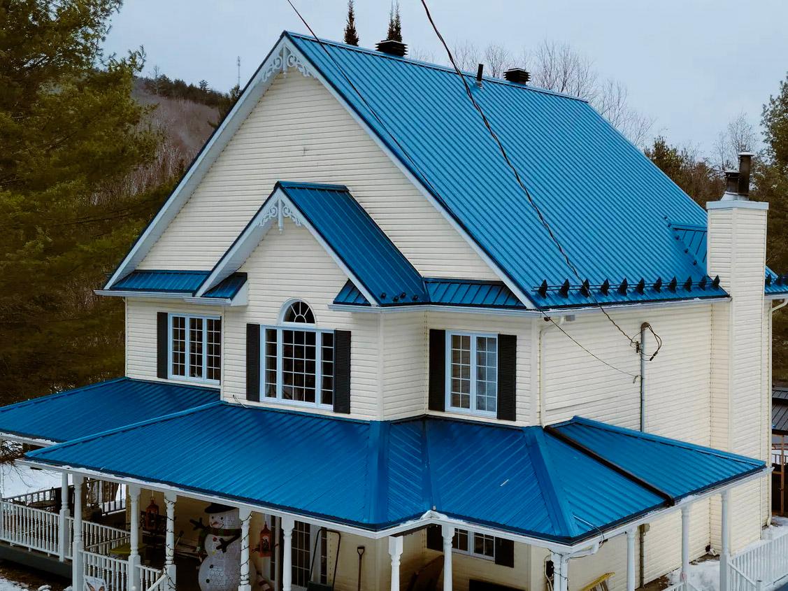 Maison traditionnelle à deux étages avec un toit en acier bleu vif, comprenant des détails architecturaux décoratifs, une grande fenêtre centrale en arc, des volets noirs, et une véranda entourant la maison, située dans un environnement boisé en hiver.