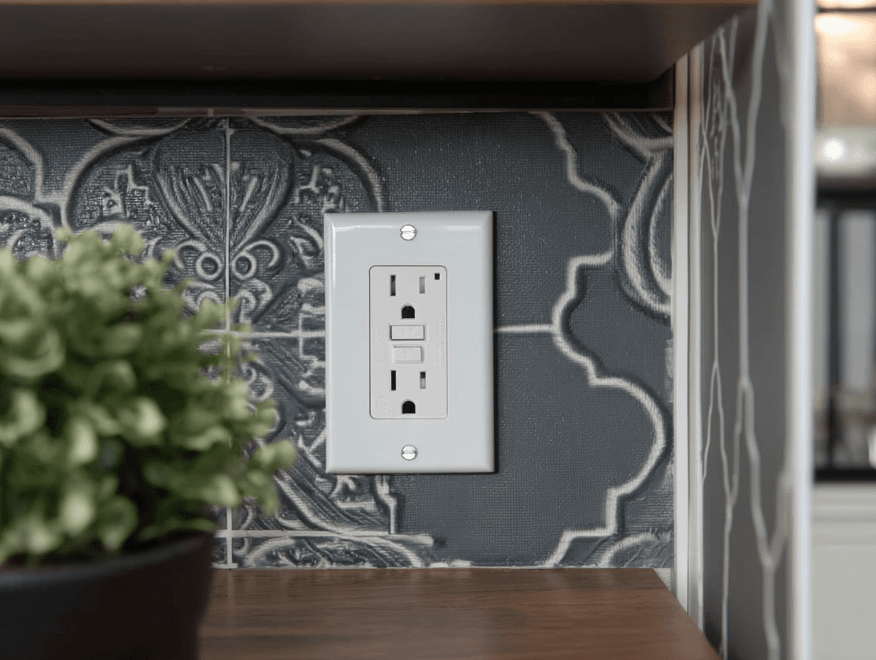 Prise électrique murale blanche avec protection DDFT installée sur un mur à carreaux décoratifs noirs et blancs dans une cuisine.