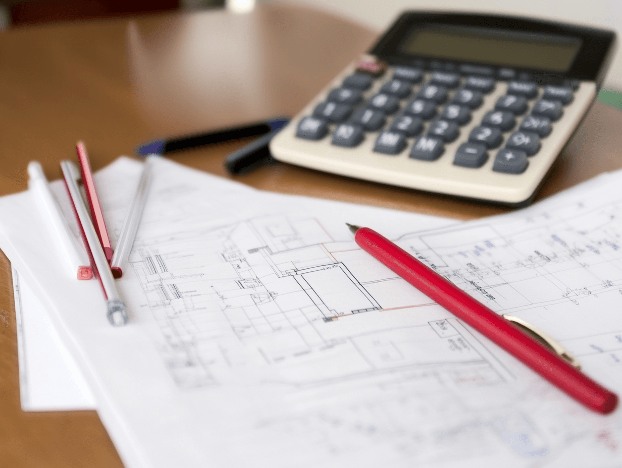 Plan architectural détaillé avec des stylos et une calculatrice sur une table en bois.