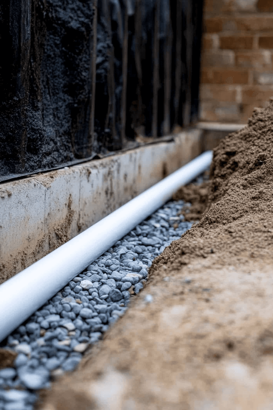 Installation d’un drain français le long des fondations avec tuyau blanc, gravier drainant, membrane noire d’imperméabilisation et excavation autour d’une maison