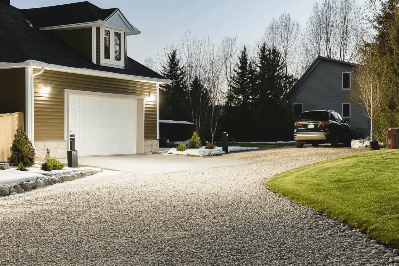 Allée en gravier menant à un garage résidentiel avec maison moderne, voiture stationnée et aménagement paysager soigné