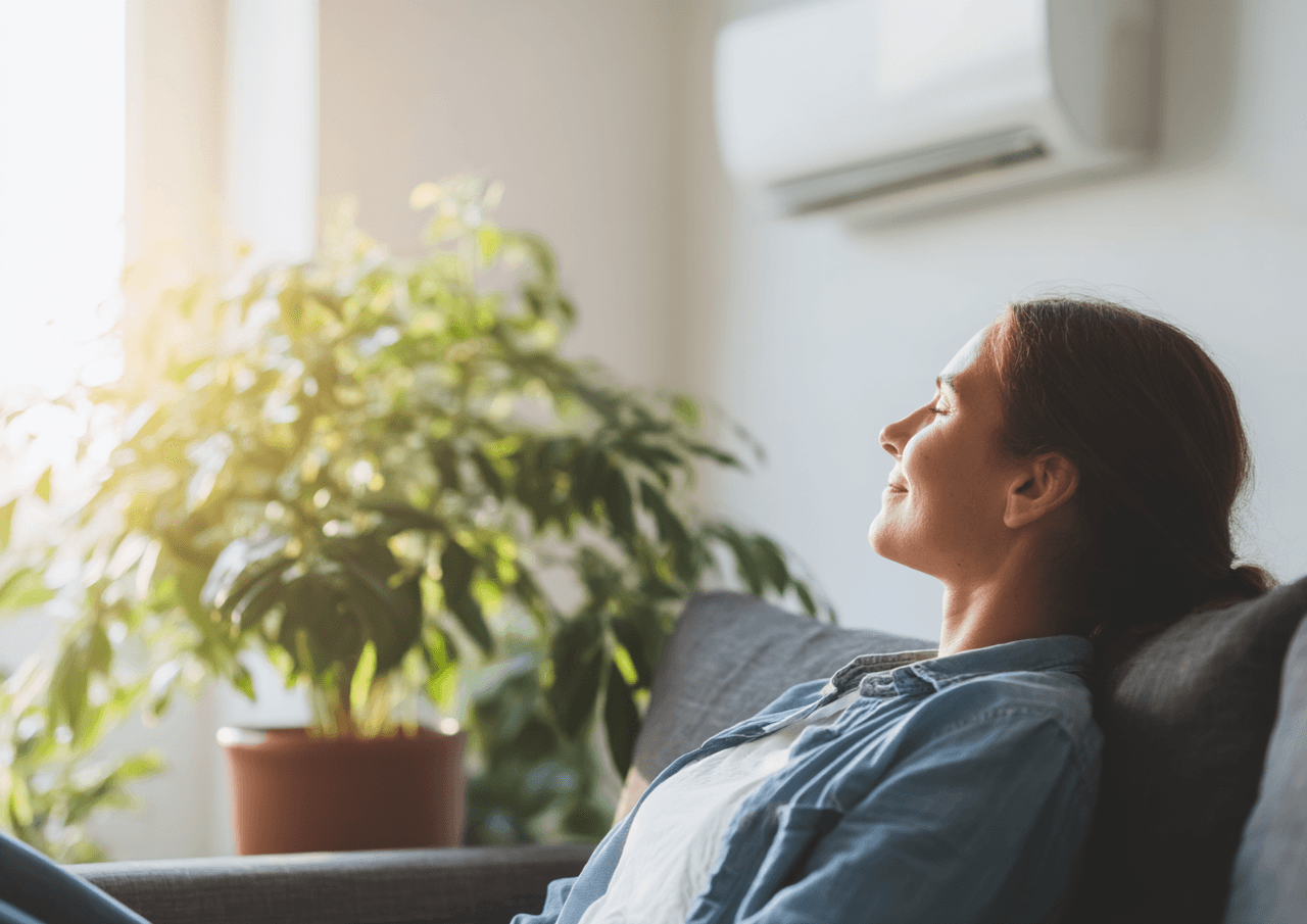 Femme relaxée sur un canapé profitant de la climatisation dans un salon lumineux avec plante intérieure