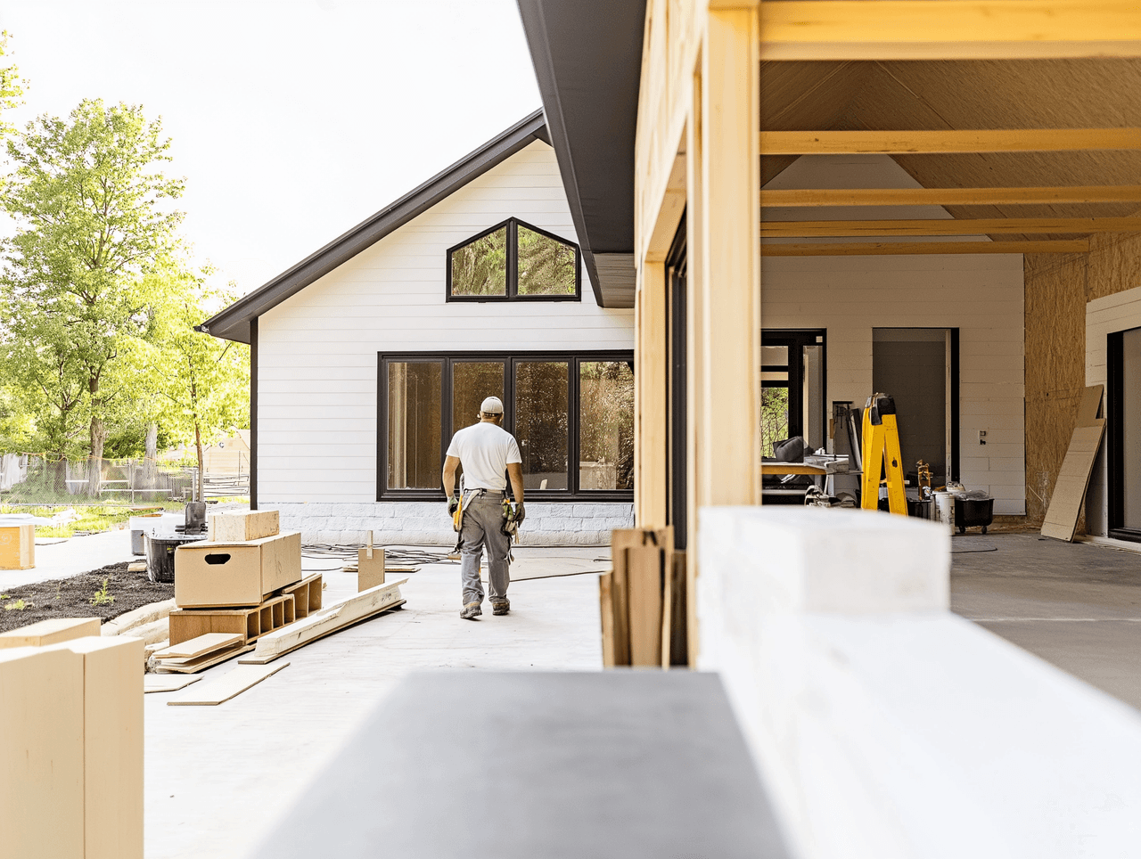 Travaux de construction résidentielle avec charpentier sur chantier extérieur et structure en bois en cours d’aménagement