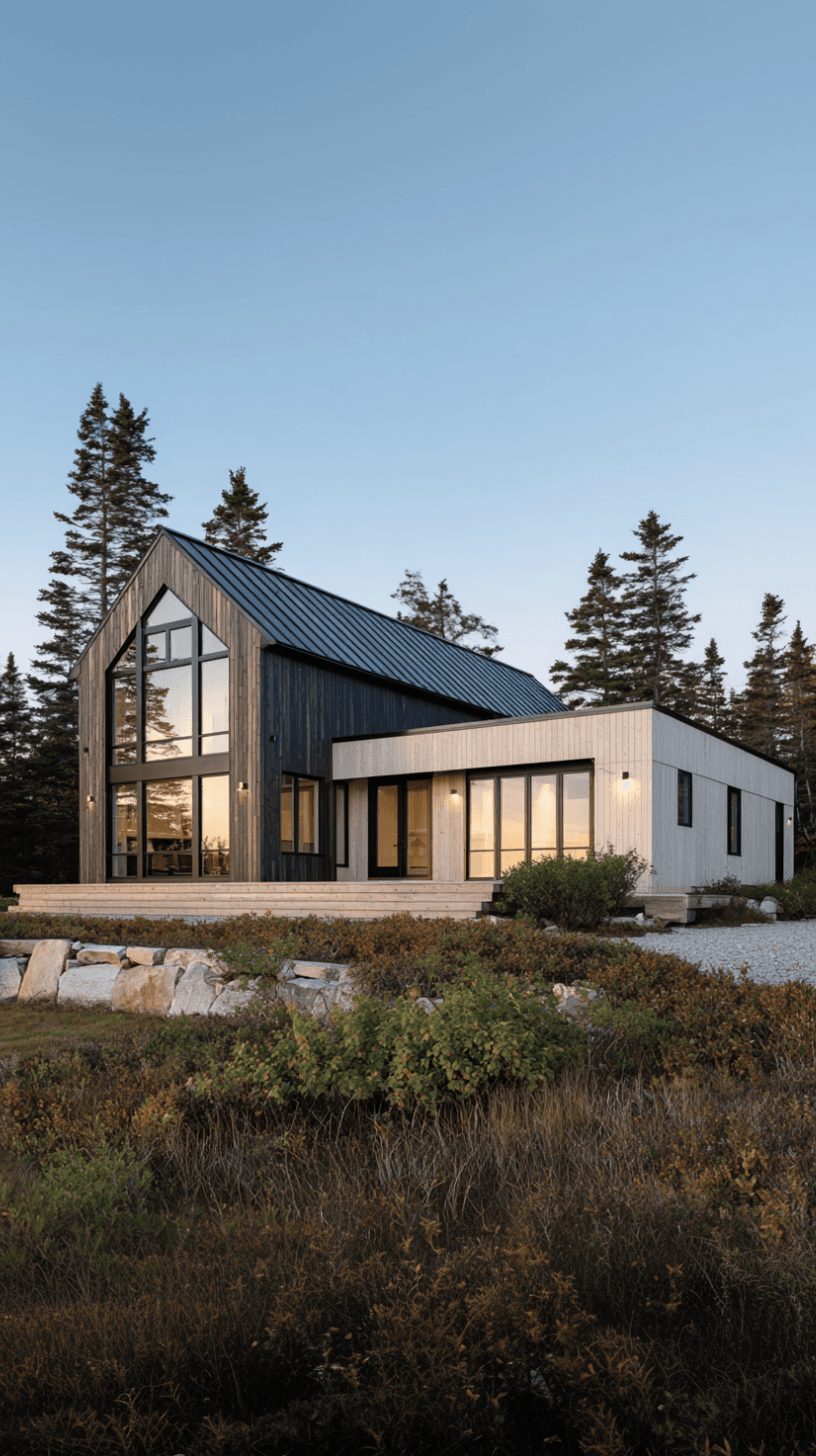 Maison moderne en bois avec grande fenestration et toit métallique, intégrée dans un paysage naturel avec aménagement paysager.