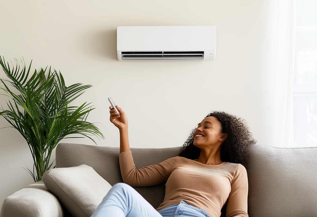 Femme souriante utilisant une télécommande pour climatiseur mural dans un salon lumineux avec canapé, plante verte et rideaux blancs.