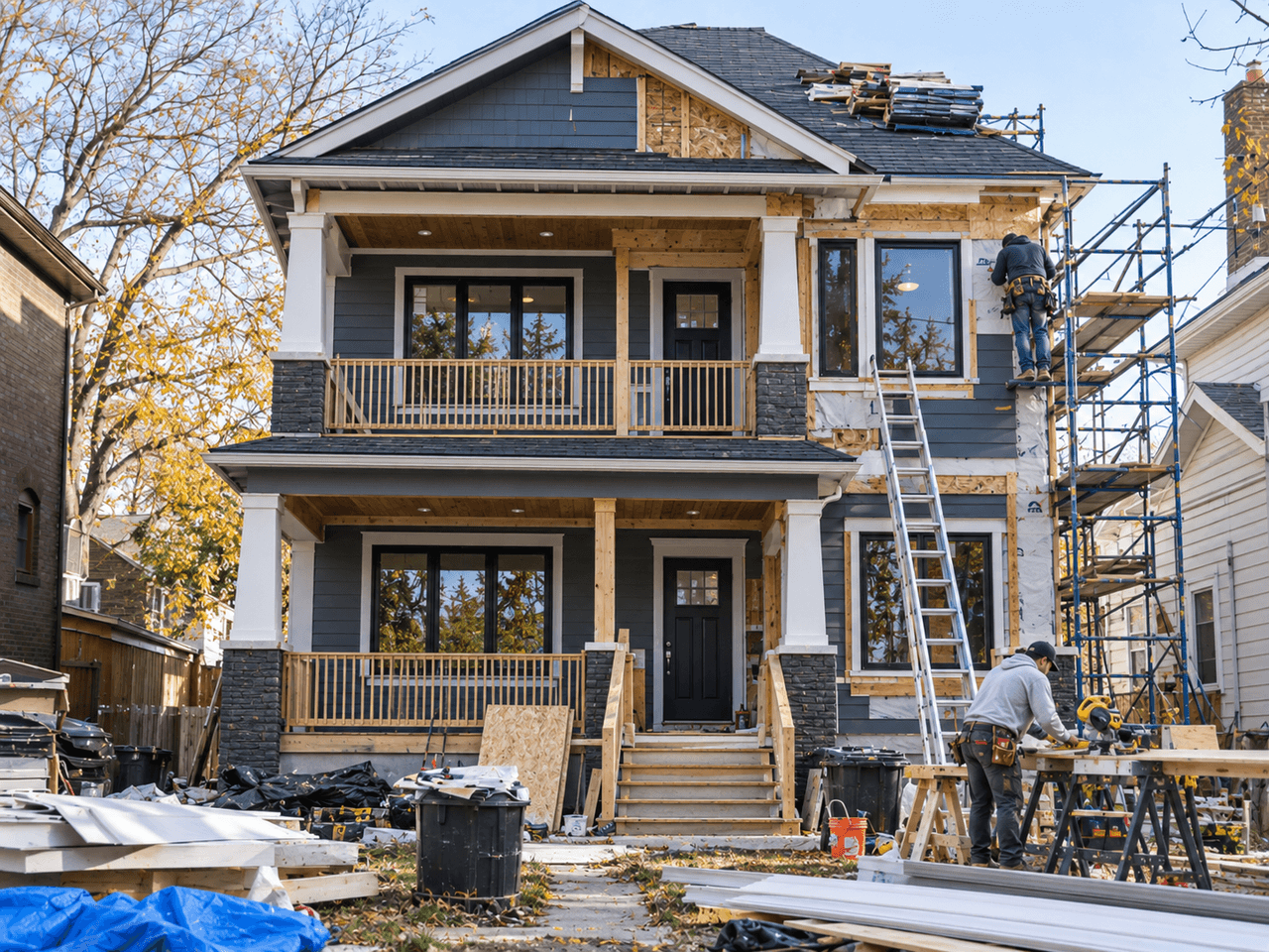 Rénovation extérieure d'une maison à deux étages avec installation de revêtement gris, échafaudages, travailleurs en construction, toiture en bardeaux et balcons en bois