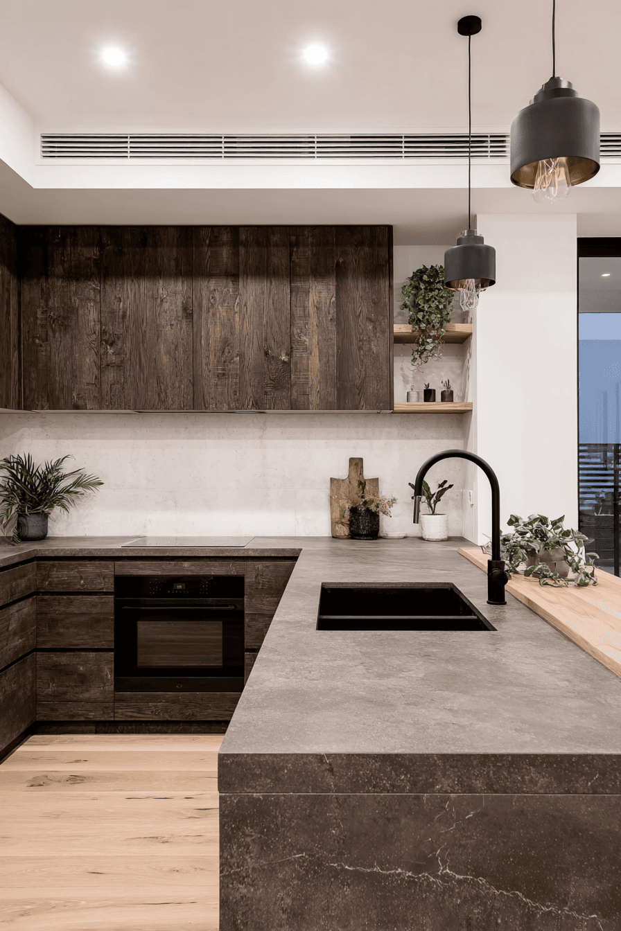 Cuisine moderne avec armoires en bois foncé, îlot en quartz, évier noir encastré, luminaires suspendus et décoration minimaliste végétale
