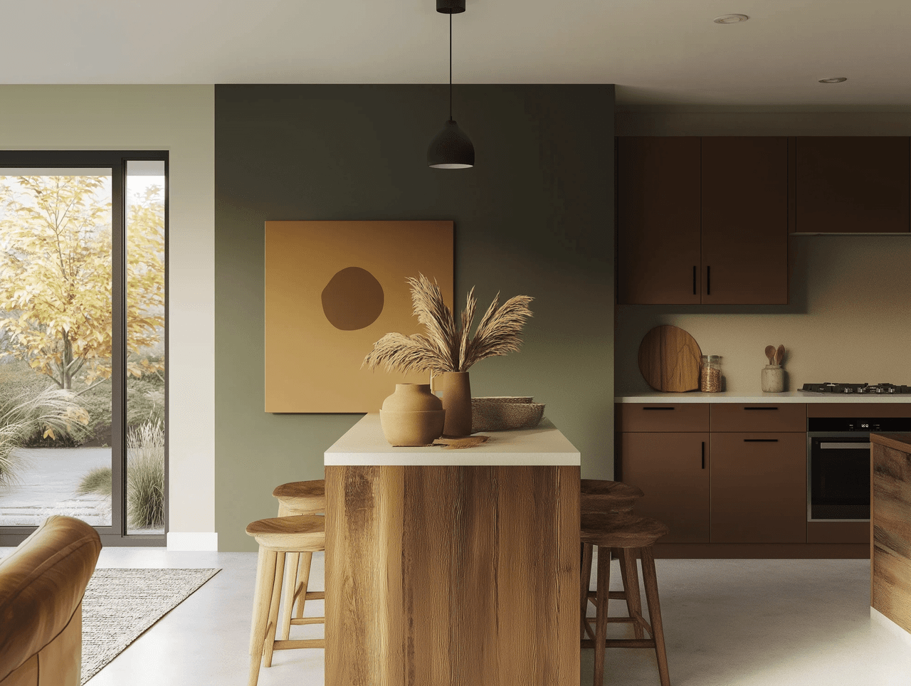 Cuisine moderne avec îlot central en bois, décoration minimaliste naturelle, mur vert olive et éléments en bois chaleureux