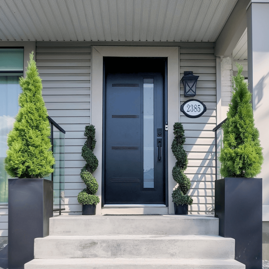 Porte d’entrée en aluminium noir avec insert vitré vertical et finition moderne sur maison en vinyle beige