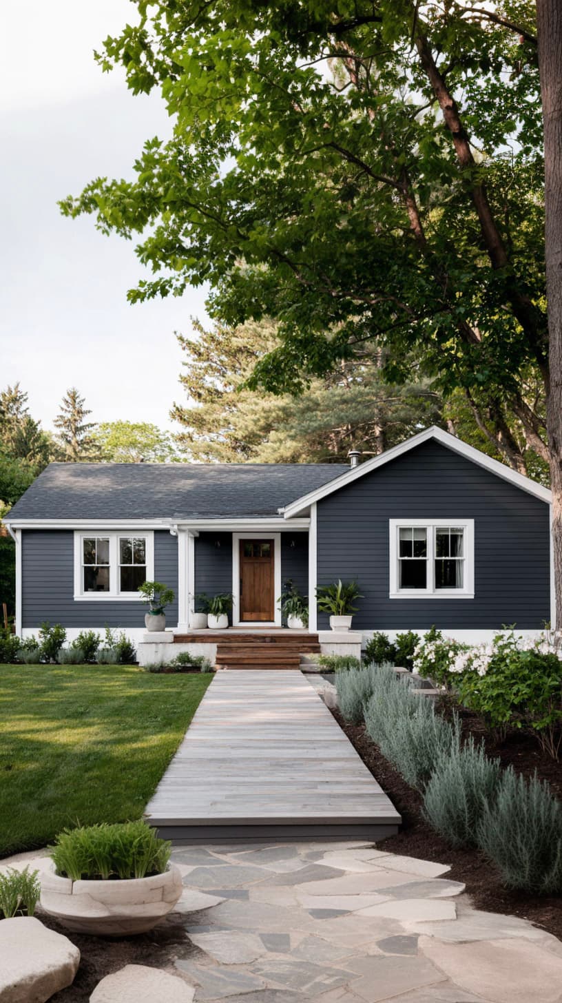 Façade d’une maison moderne de plain-pied avec revêtement extérieur bleu foncé, entrée en bois et aménagement paysager soigné