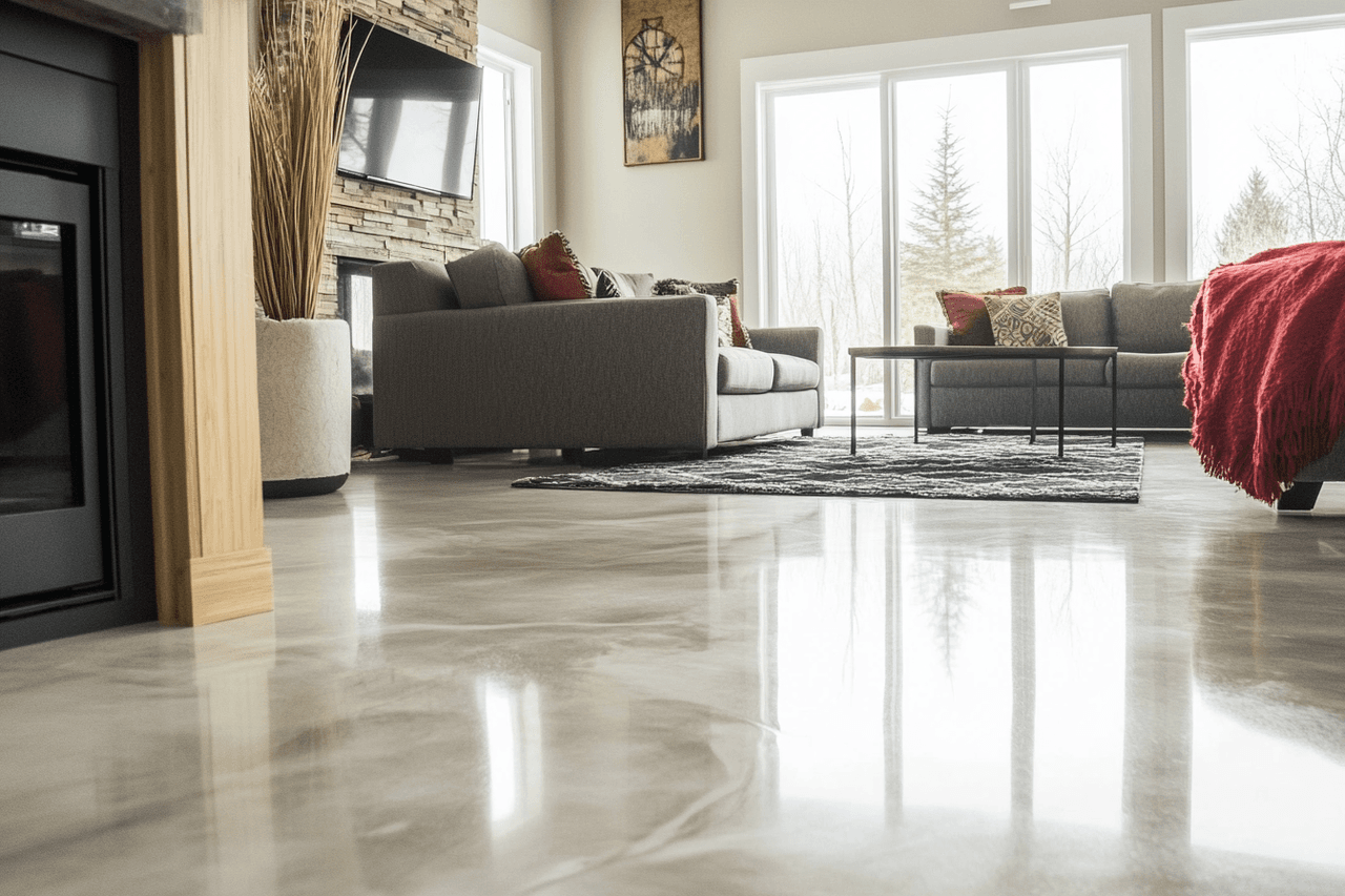 Salon contemporain avec sol en époxy brillant, grandes fenêtres, murs en pierre décorative, et mobilier moderne gris avec accents rouges.