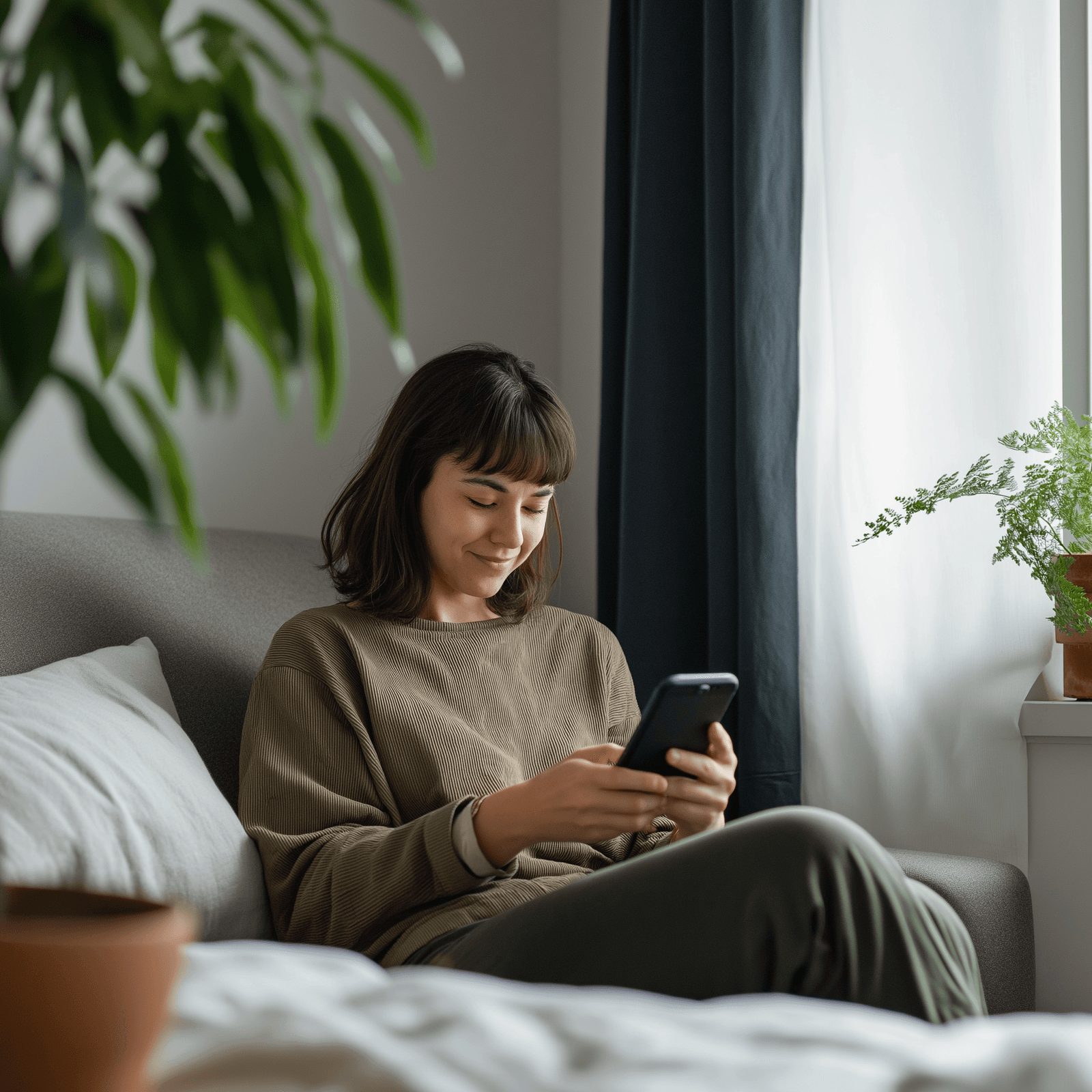 Femme souriante utilisant un smartphone assise sur un canapé dans un intérieur lumineux avec des plantes et un rideau.
