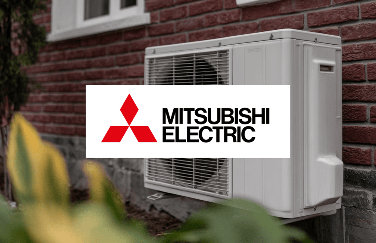Unité de climatisation extérieure Mitsubishi Electric installée sur le mur en brique d’une maison résidentielle.