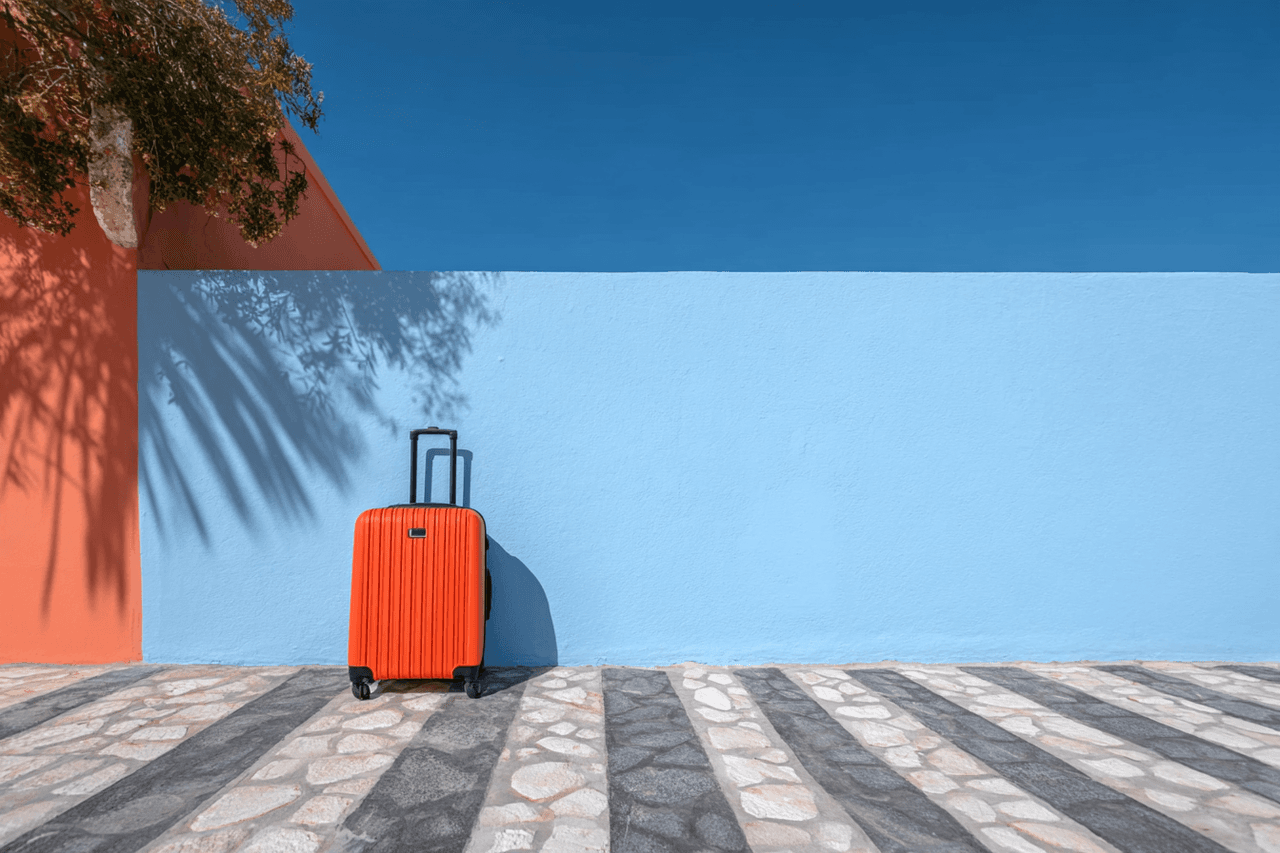 Valise orange posée sur une terrasse en pierre devant un mur bleu clair, avec ciel dégagé, façade corail et ombres d’arbre