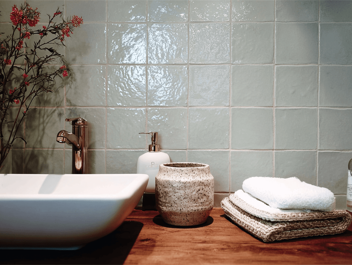 Lavabo moderne sur meuble en bois avec robinet doré et carrelage mural vert brillant style zellige