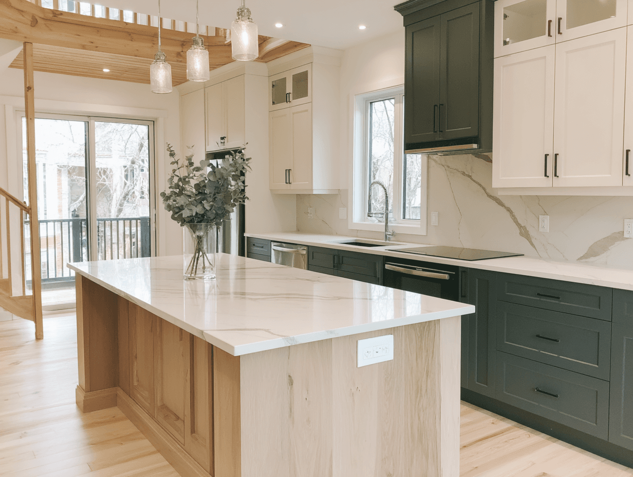 Cuisine moderne avec îlot central en bois et comptoir en quartz, armoires bicolores noir et blanc et luminaires suspendus