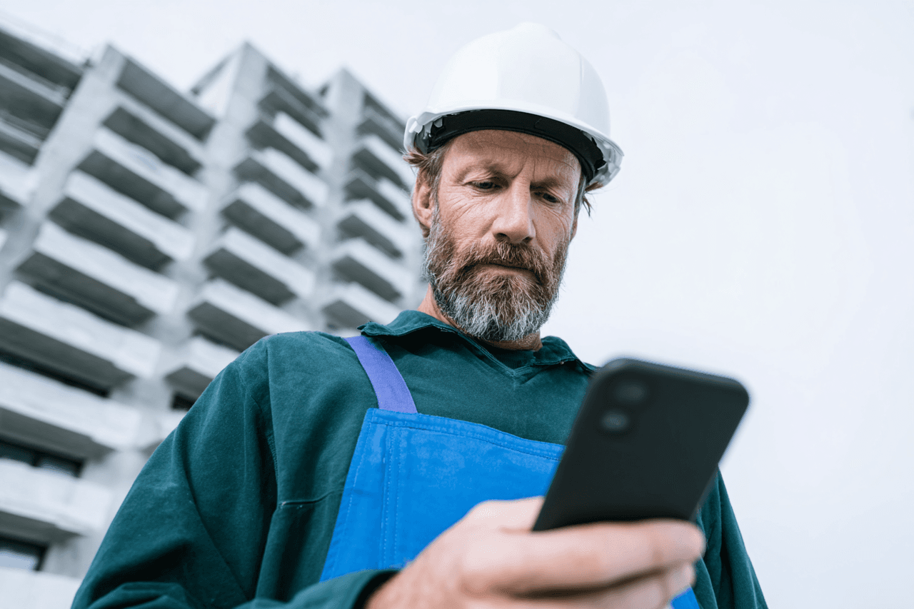Ouvrier en casque de sécurité consultant un téléphone devant un immeuble en construction