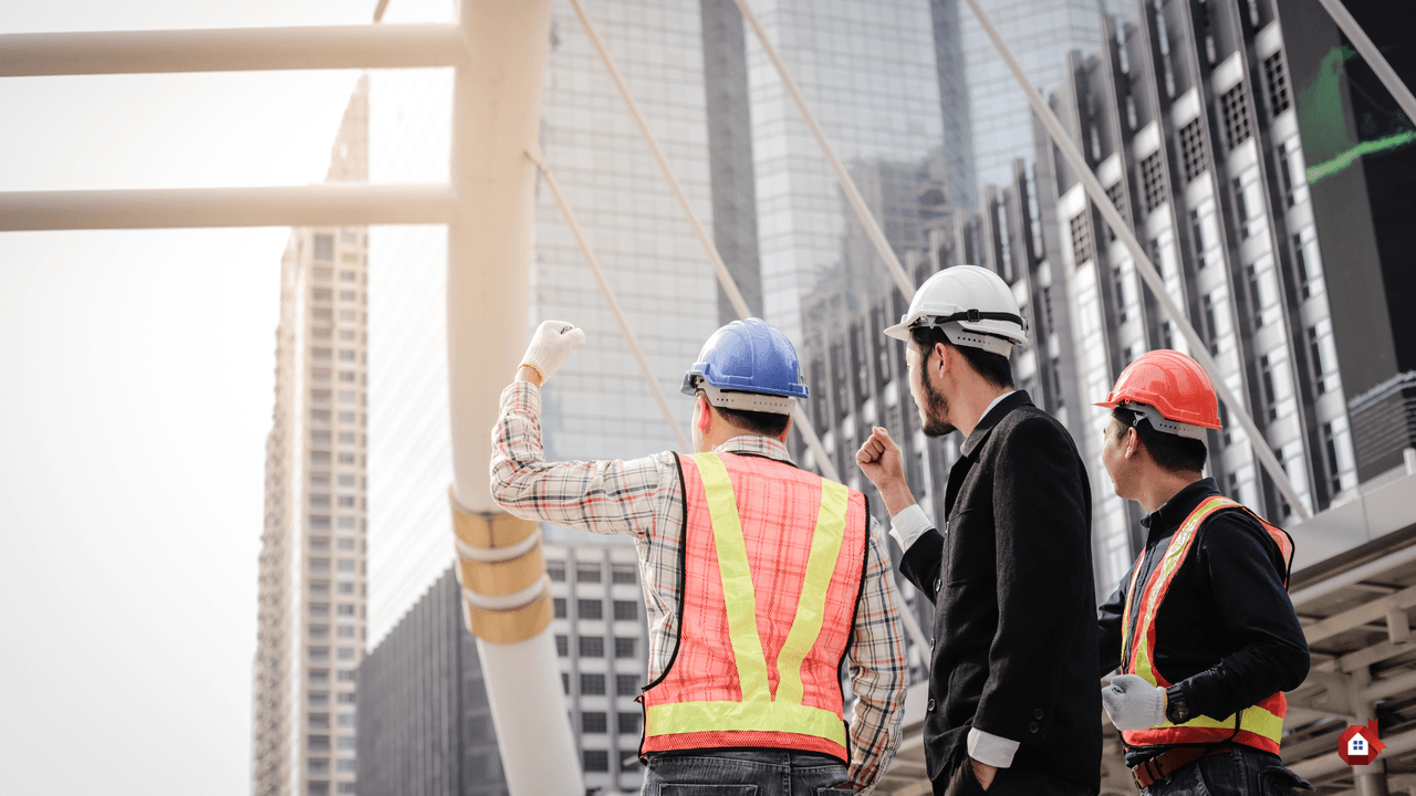 Trois professionnels de la construction portant des casques de sécurité observant un grand projet de construction urbaine moderne