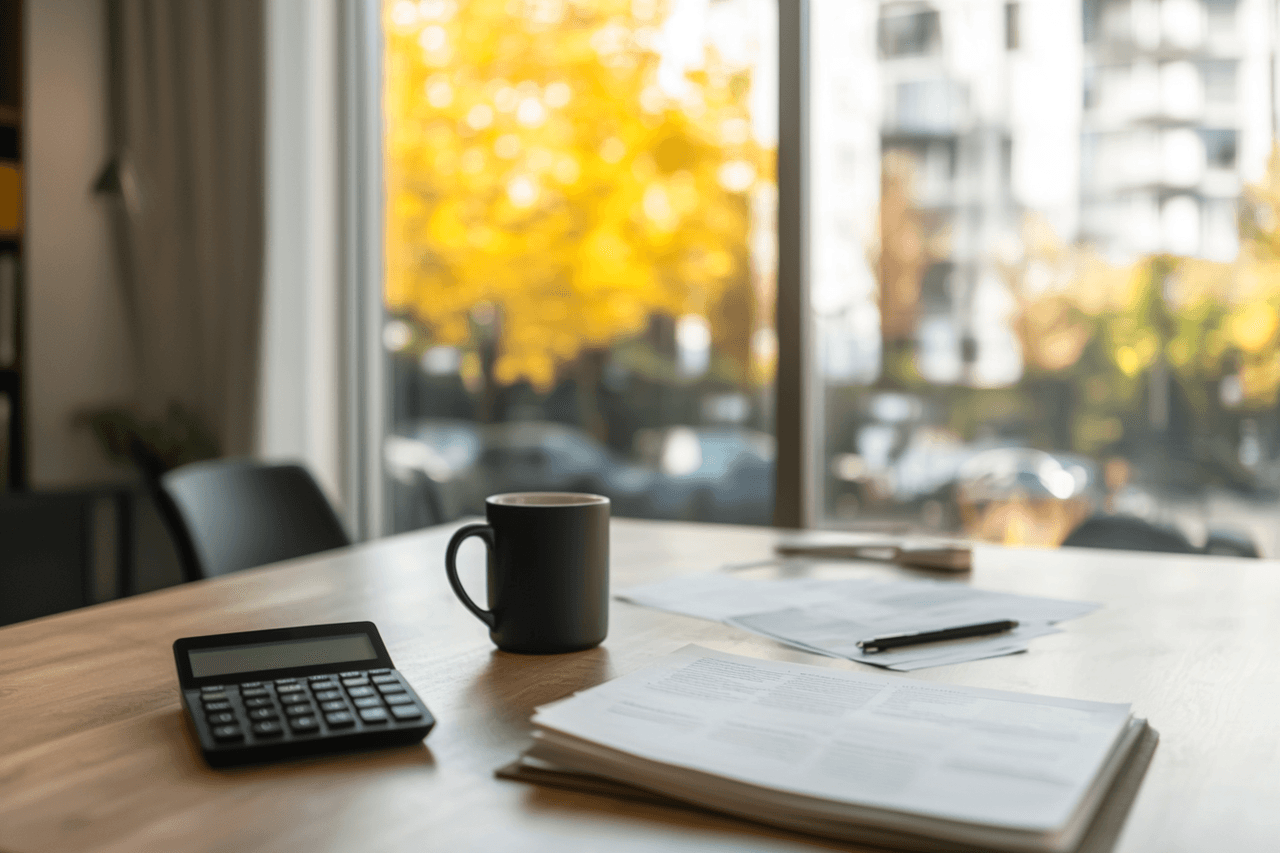 Bureau intérieur lumineux avec table en bois, documents, calculatrice et tasse de café près d’une grande fenêtre avec vue urbaine automnale.