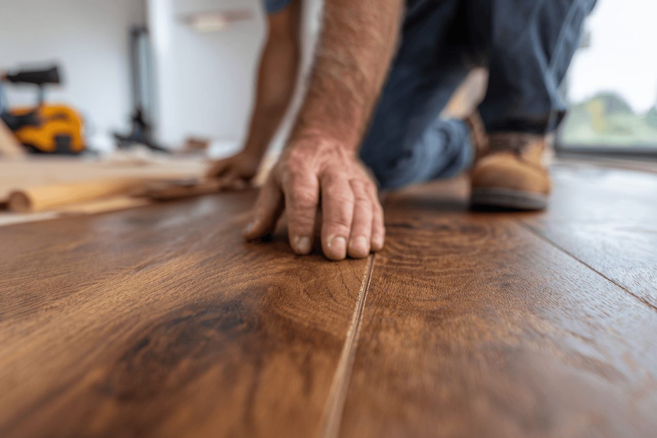 Travailleur installant un plancher de bois brun, avec main posée sur les lattes et outils de rénovation en arrière-plan.
