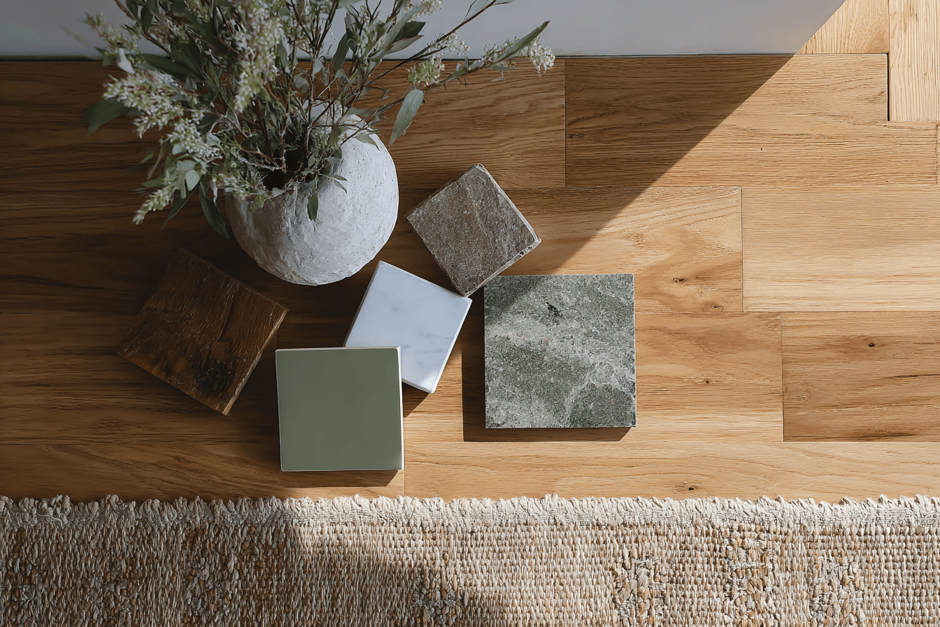Présentation de matériaux de finition intérieure sur un plancher en bois naturel couleur chêne, avec échantillons de céramique verte, pierre grise, marbre blanc et bois foncé, vase décoratif fleuri et tapis texturé beige, dans une ambiance chaleureuse et contemporaine