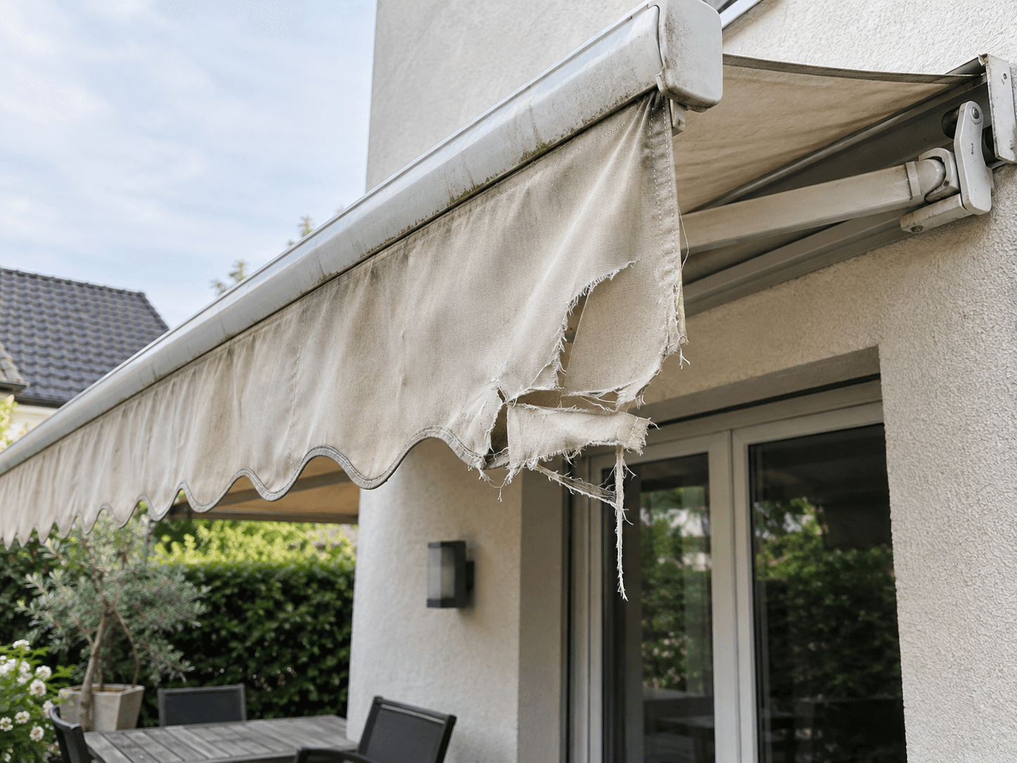 Auvent rétractable extérieur en toile beige usée et déchirée, avec bordure effilochée, salissures et structure métallique fixée à une façade résidentielle en crépi, au-dessus d'une porte-patio vitrée