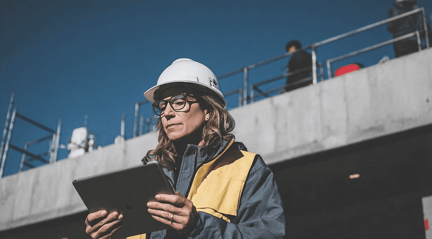 Ingénieure ou professionnelle de chantier portant un casque blanc et un gilet de sécurité jaune, consultant une tablette devant une structure en béton