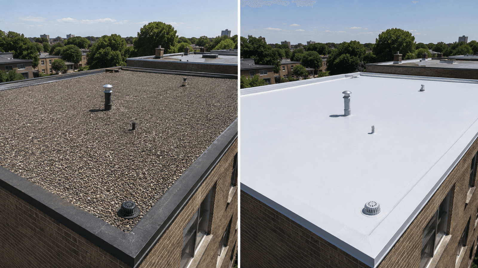 Comparaison avant et après d’un toit plat, montrant une toiture en gravier remplacée par une membrane d’étanchéité blanche