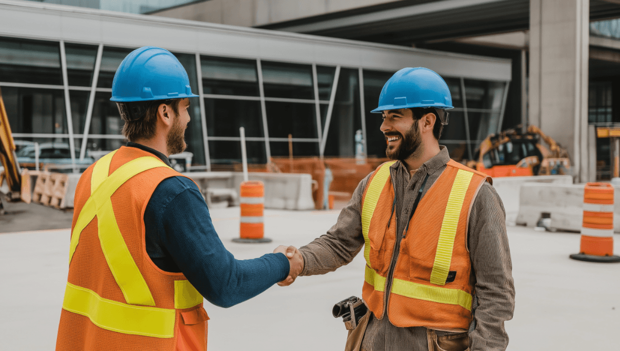 Deux travailleurs de la construction portant des casques bleus et des gilets haute visibilité se serrant la main sur un chantier urbain avec équipements et barrières de sécurité en arrière-plan