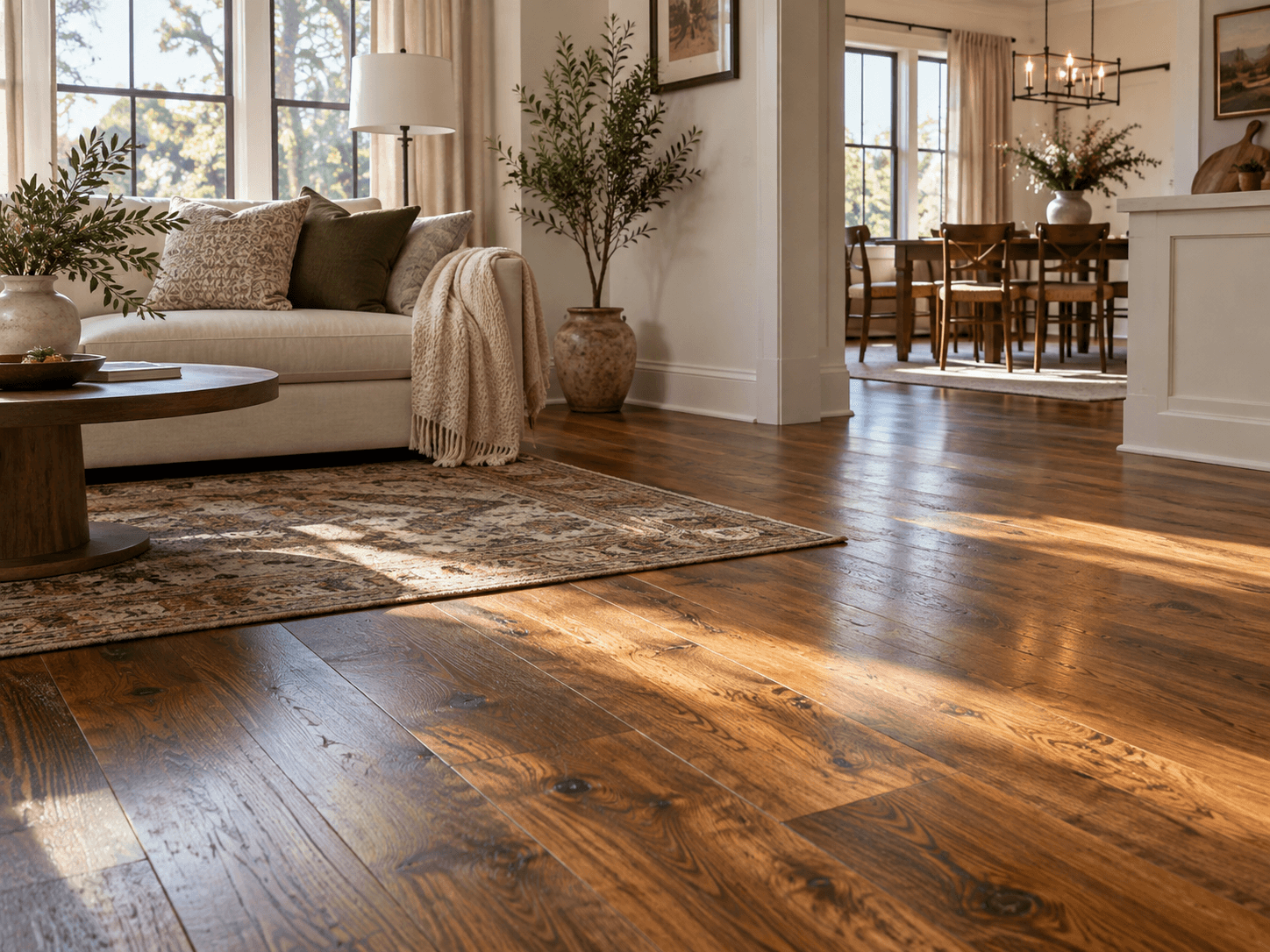 Salon chaleureux et salle à manger lumineuse à aire ouverte avec plancher en bois franc brun à larges lattes, finition satinée, canapé beige, coussins décoratifs, tapis à motifs, table basse en bois, grandes fenêtres, rideaux crème, plantes décoratives et mobilier élégant dans un intérieur résidentiel contemporain