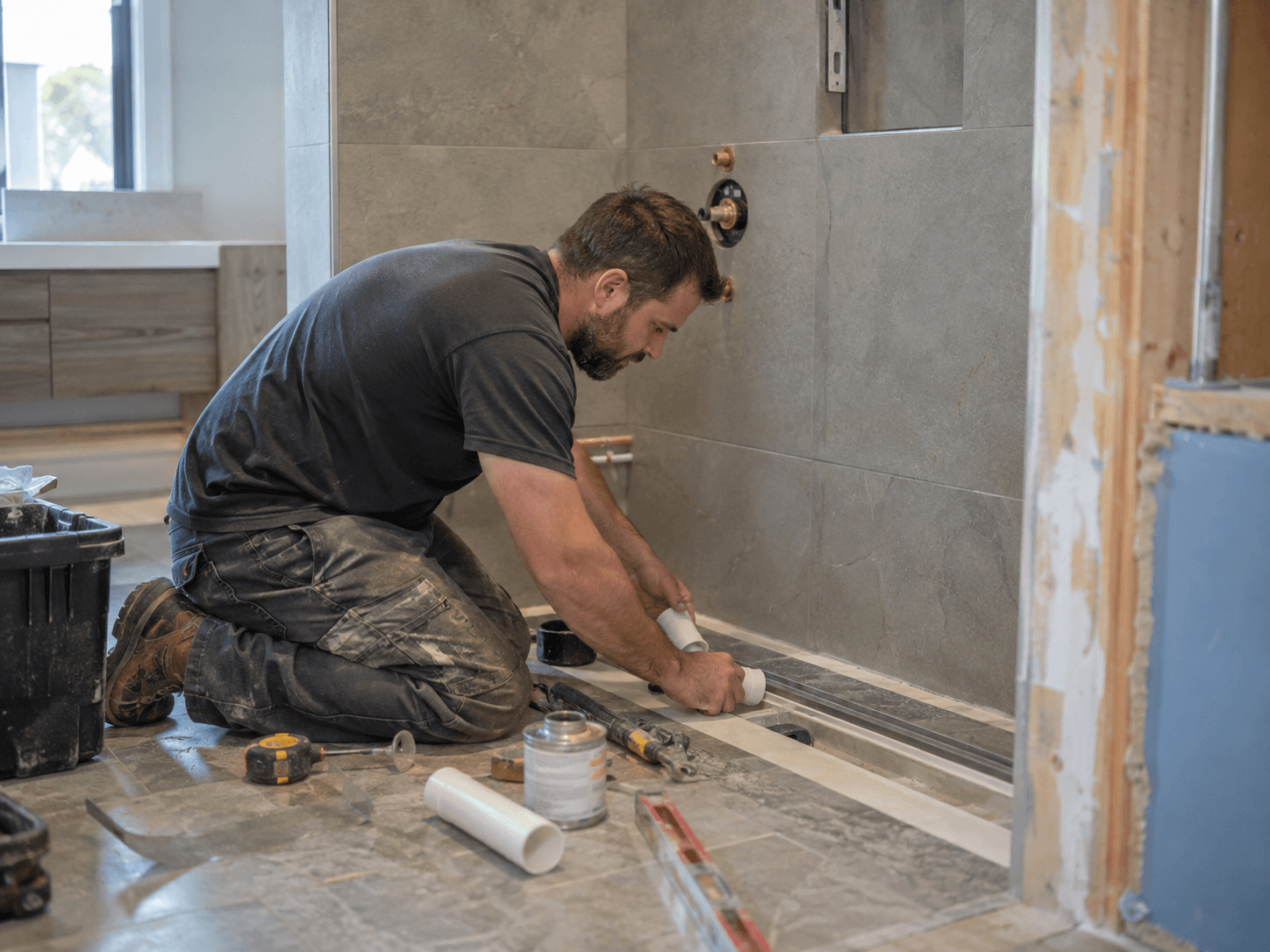 Travailleur installant la plomberie et le drain linéaire d’une douche carrelée en gris lors de travaux de rénovation de salle de bain