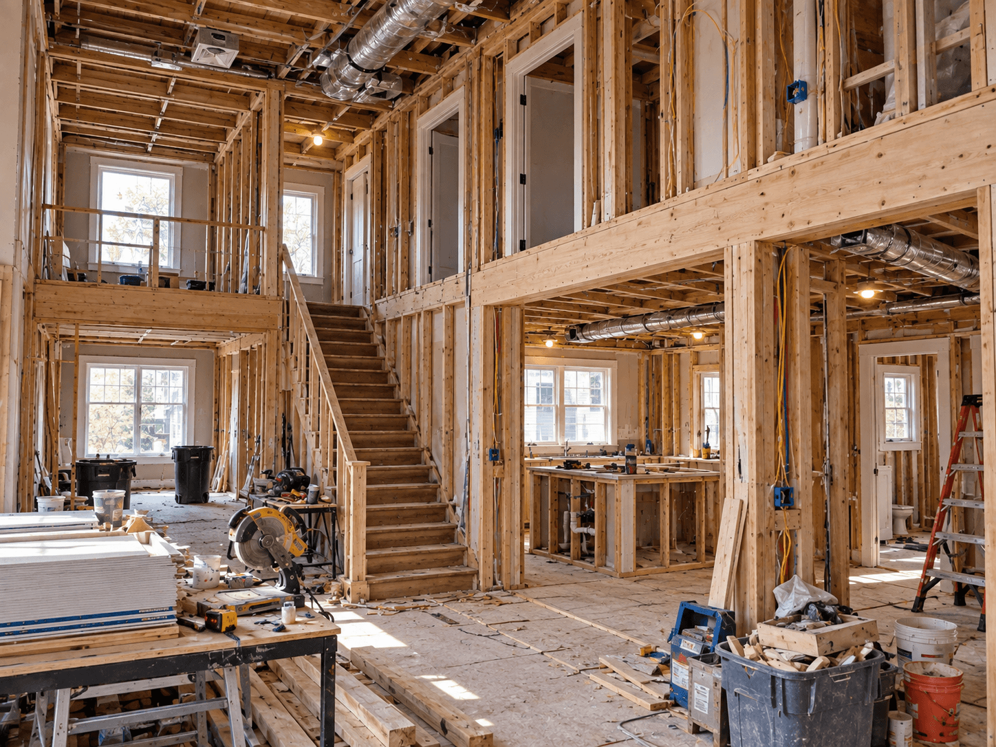 Rénovation intérieure majeure d'une maison à deux étages avec charpente de bois apparente, escalier central, poutres structurales, câblage électrique et conduits de ventilation visibles