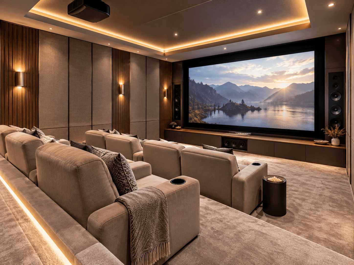 Cinéma maison haut de gamme avec grand écran de projection, projecteur au plafond, système audio ambiophonique, fauteuils inclinables et panneaux acoustiques décoratifs