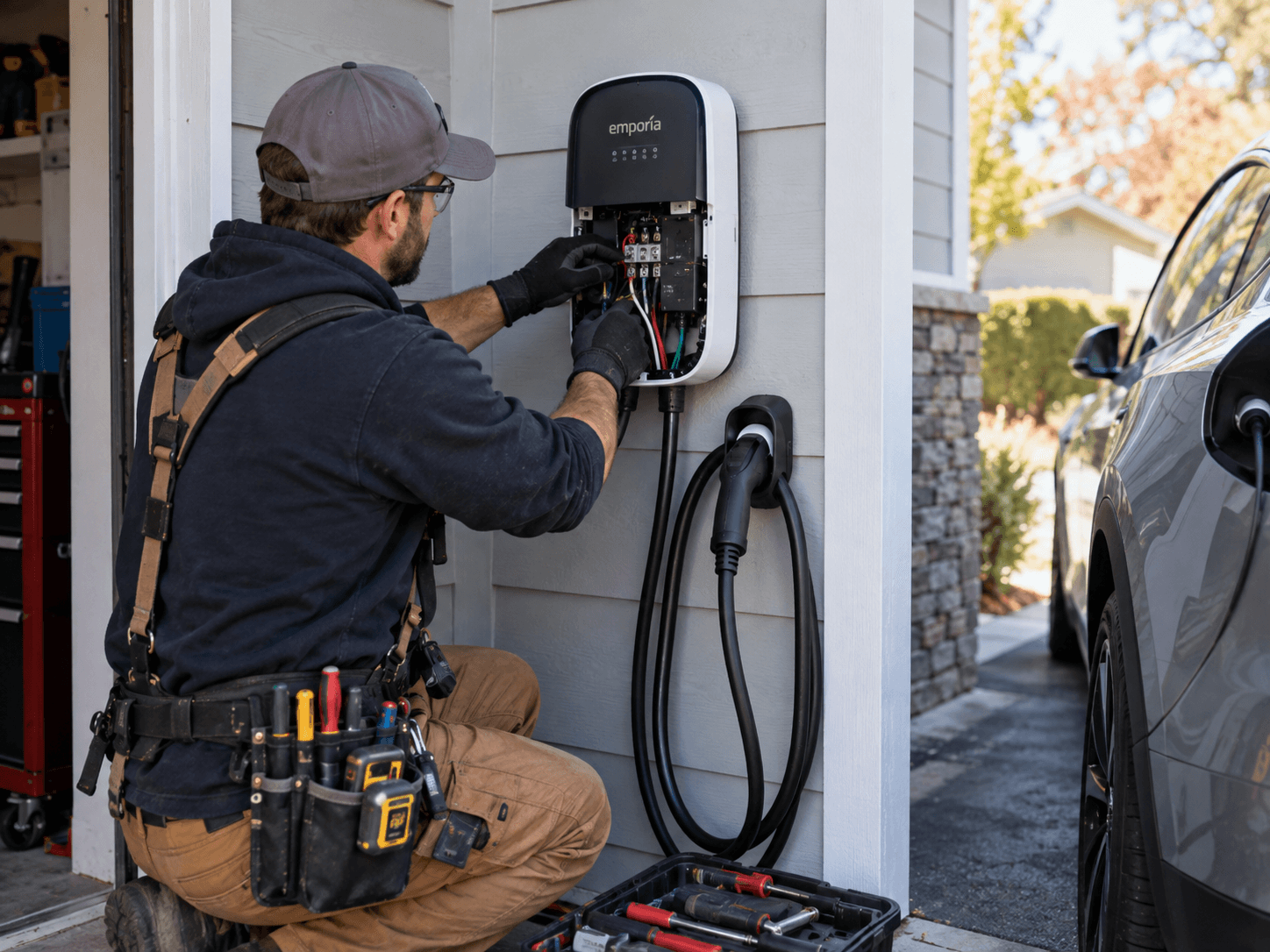 Électricien effectuant le câblage et l'installation d'une borne de recharge résidentielle pour véhicule électrique sur le mur extérieur d'une maison, près d'une voiture branchée /&nbsp;Electrician wiring and installing a residential electric vehicle charging station on the exterior wall of a house next to a plugged-in electric car