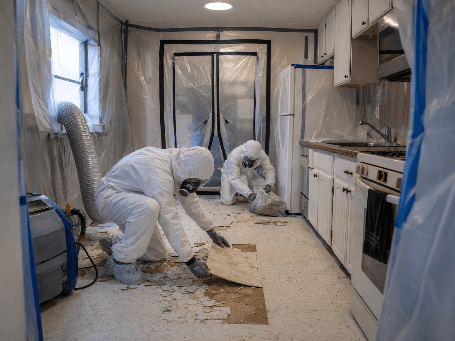 Travailleurs en combinaison de protection retirant un ancien revêtement de sol dans une cuisine confinée avec bâches de plastique, ventilation et équipement de décontamination /&nbsp;Workers in protective suits removing old flooring in a contained kitchen with plastic sheeting, ventilation and decontamination equipment