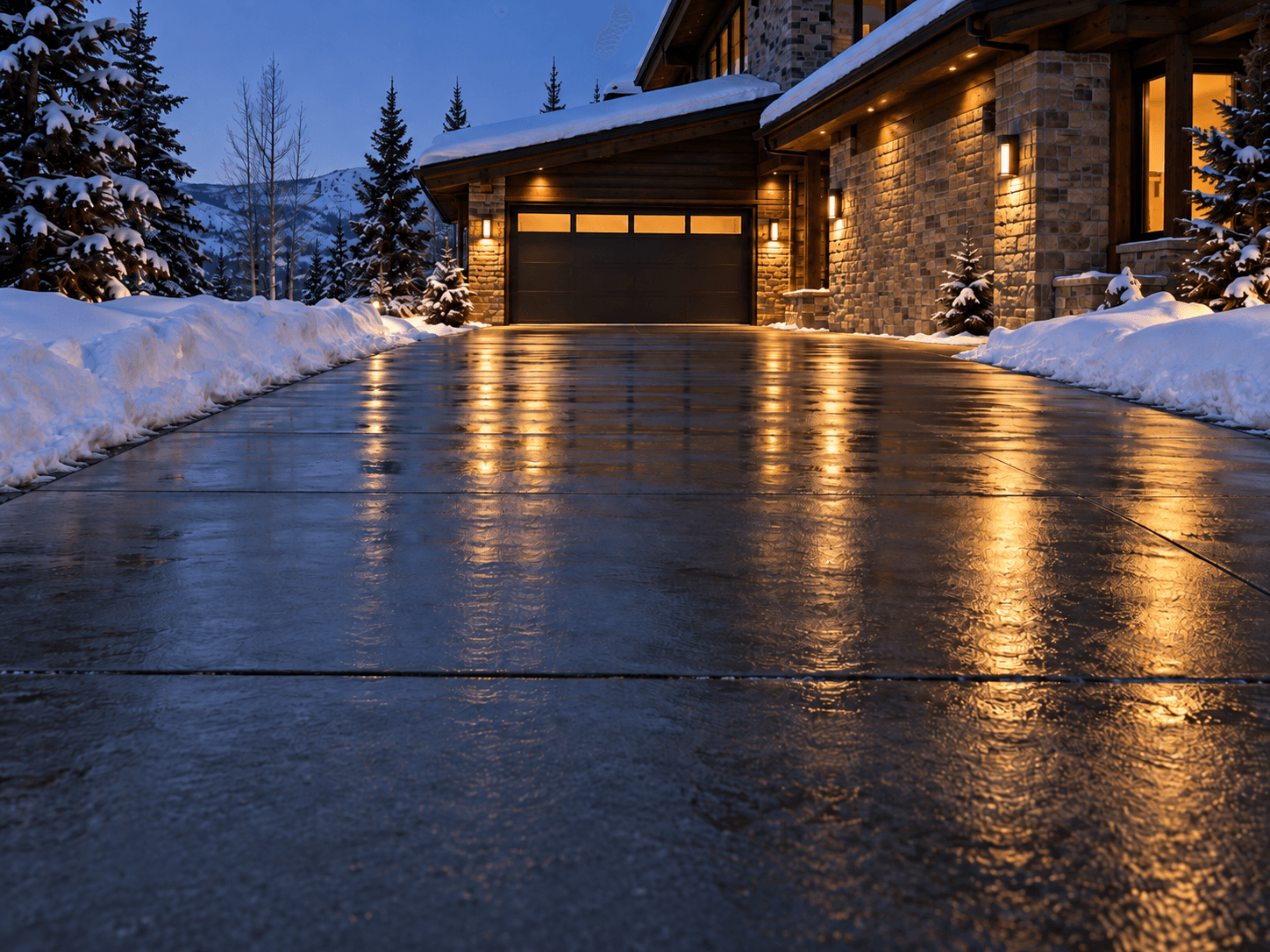 Entrée de garage résidentielle en béton à surface texturée, dégagée de neige et bordée de bancs de neige, devant une maison moderne en pierre avec éclairage extérieur chaleureux en hiver.
