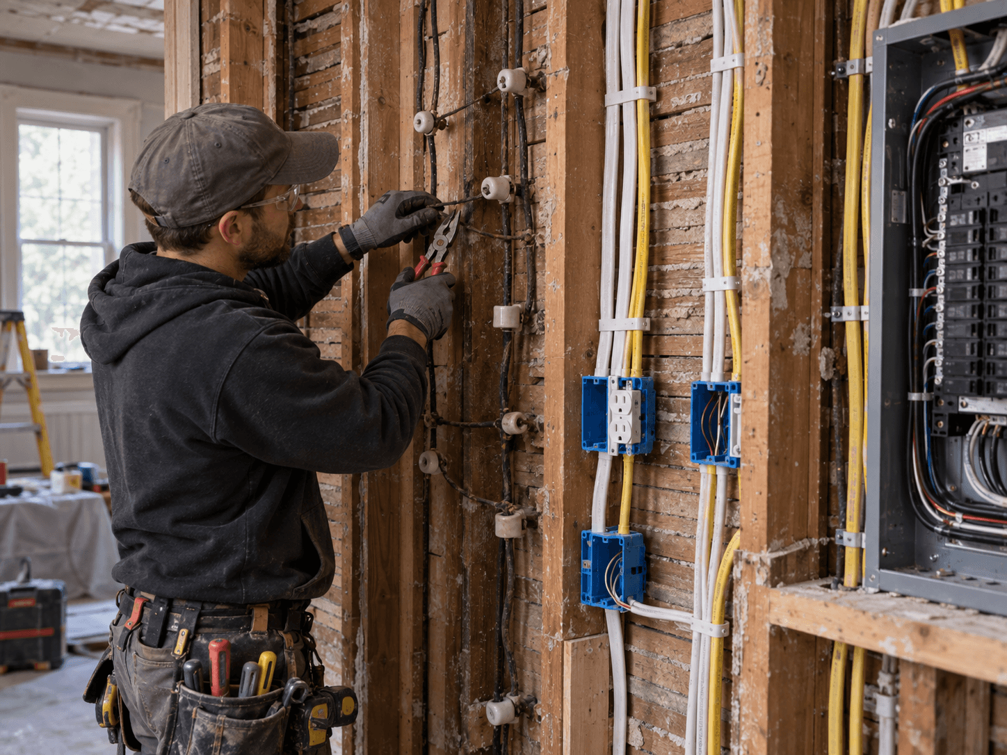 Électricien remplaçant un ancien câblage sur isolateurs en porcelaine par une installation électrique moderne avec nouveaux câbles, prises et panneau électrique dans une maison en rénovation