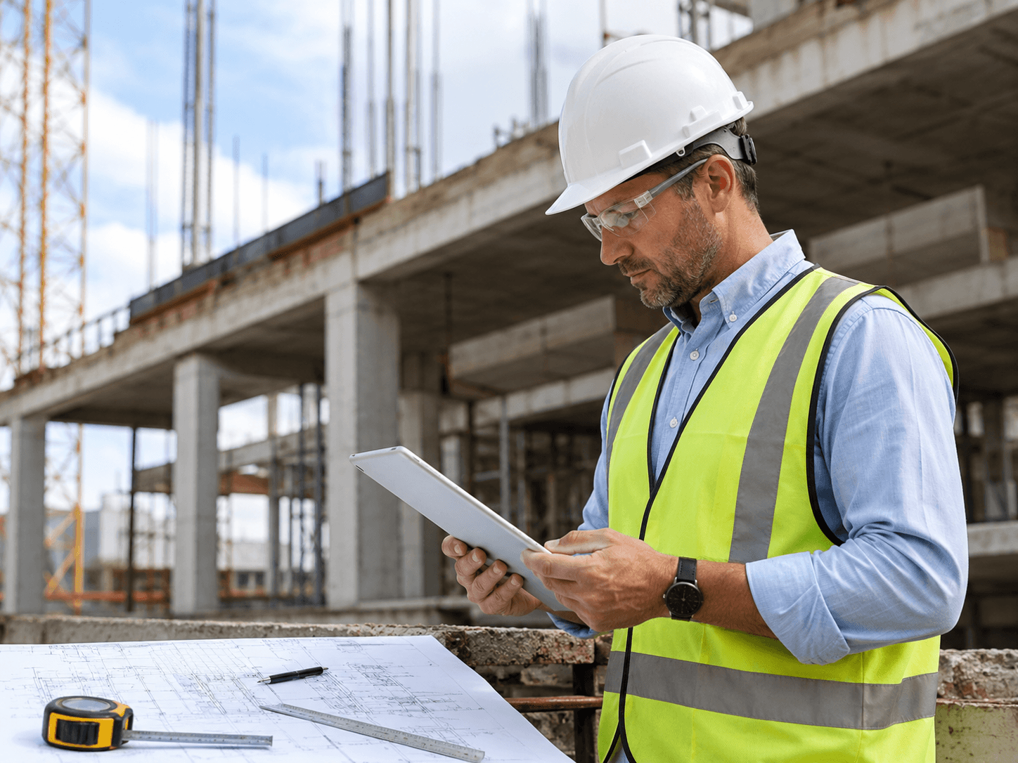 Professionnel de la construction portant un casque, des lunettes de sécurité et un gilet haute visibilité, consultant une tablette devant un bâtiment en béton en chantier avec plans techniques au premier plan