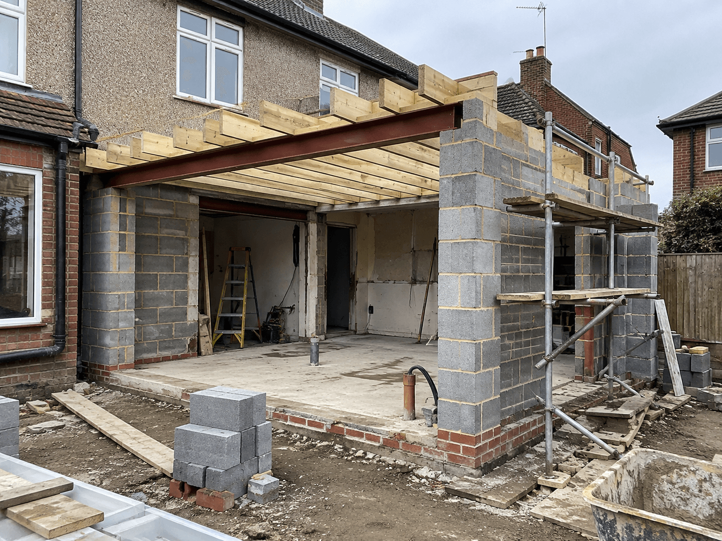 Agrandissement de maison en construction avec murs en blocs de béton, poutres en acier, charpente de plancher en bois et échafaudage extérieur