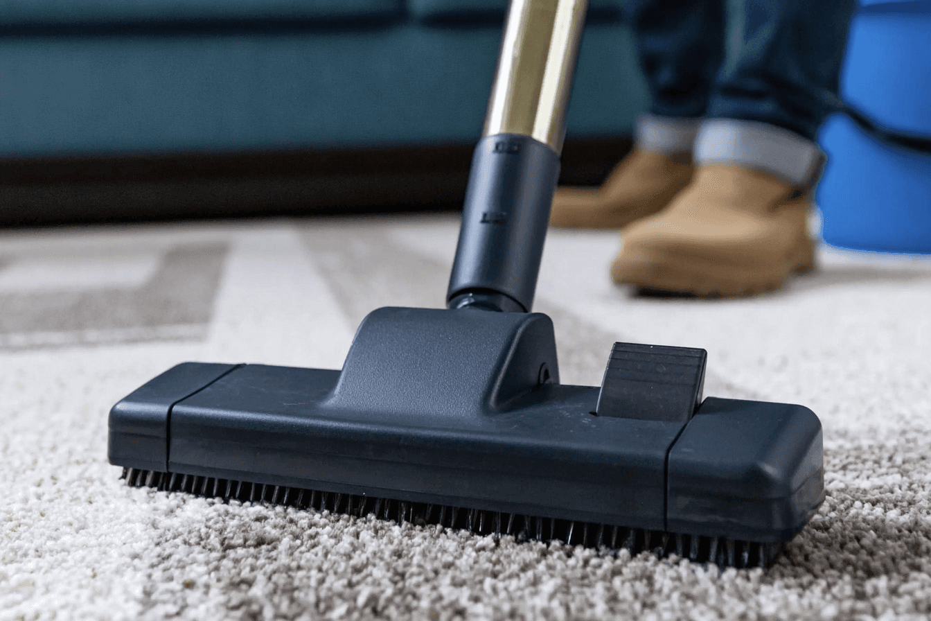 Gros plan sur la tête d'un aspirateur nettoyant une moquette beige à poils ras dans une pièce d'habitation.