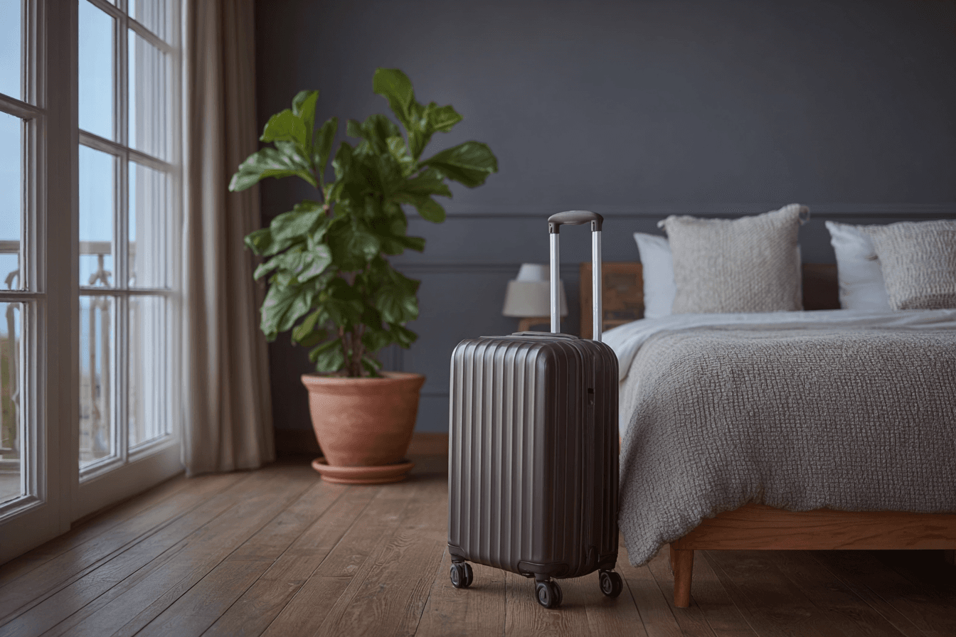Valise de voyage à roulettes placée dans une chambre moderne près d’un lit, d’une grande fenêtre et d’une plante intérieure