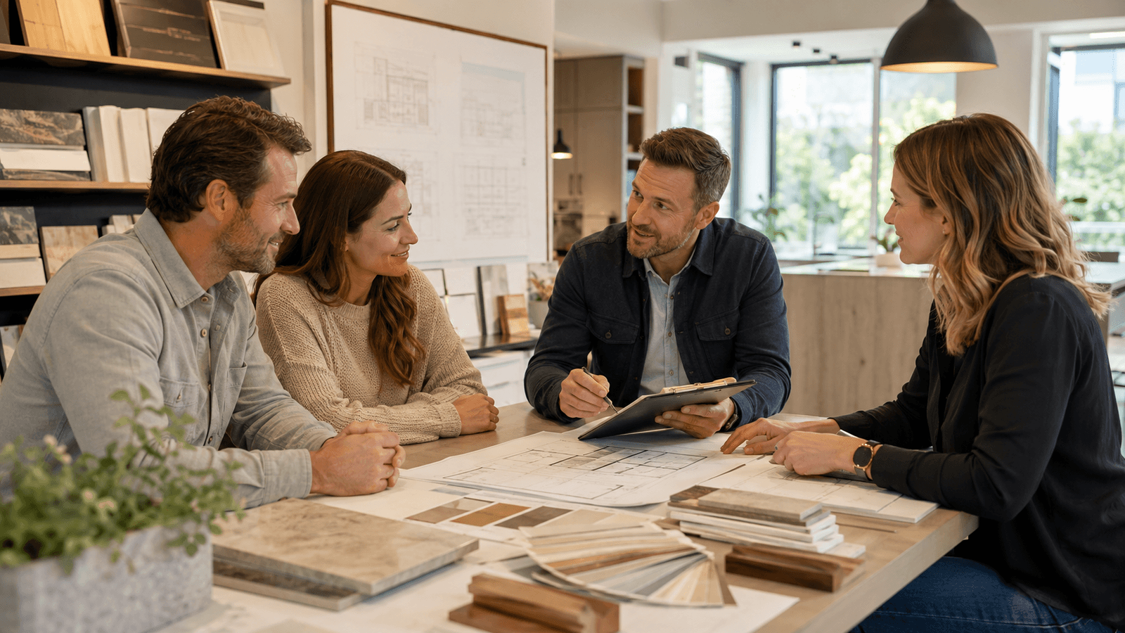 Couple de propriétaires discutant d’un projet de rénovation avec des professionnels autour de plans architecturaux et d’échantillons de matériaux dans une salle de consultation