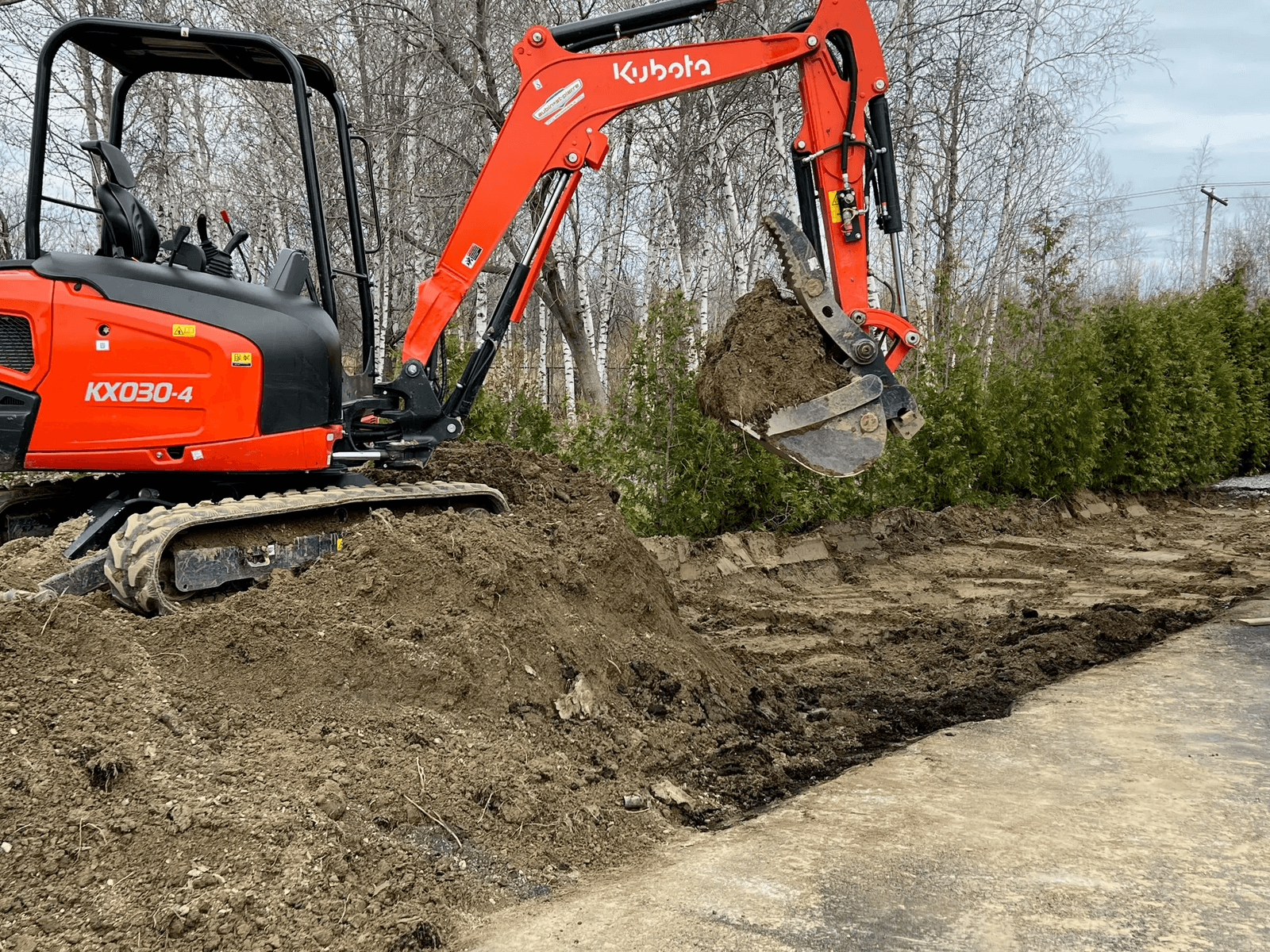 Mini-pelle Kubota orange en action sur un chantier d’excavation, creusant la terre avec son godet hydraulique devant une haie d’arbres.