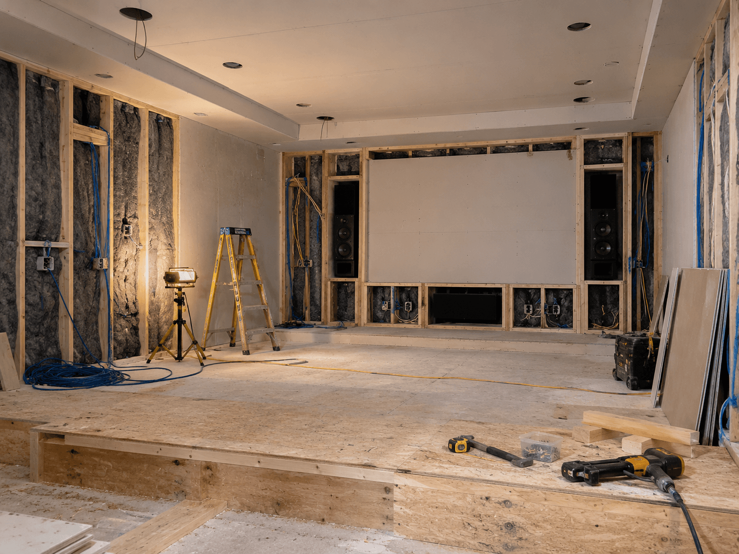 Cinéma maison en construction avec structure en bois, isolation acoustique, panneaux de gypse, câblage électrique, haut-parleurs encastrés et plateforme surélevée pour les sièges