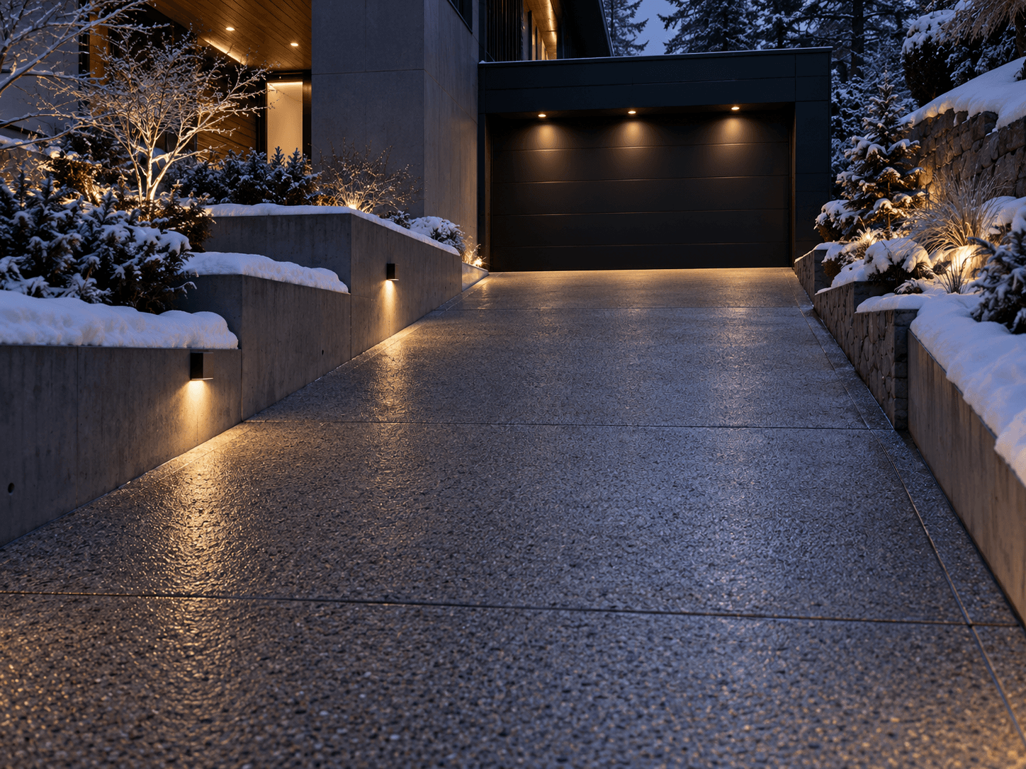 Entrée de garage résidentielle en béton texturé, dégagée de neige et bordée de murets paysagers illuminés, menant à une porte de garage noire d'une maison moderne en hiver.