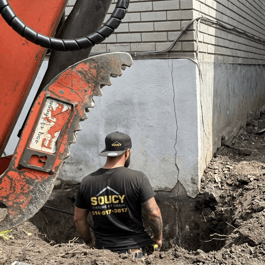 Travaux d’excavation autour d’une fondation résidentielle présentant une importante fissure verticale, en préparation d’une réparation et d’une imperméabilisation.