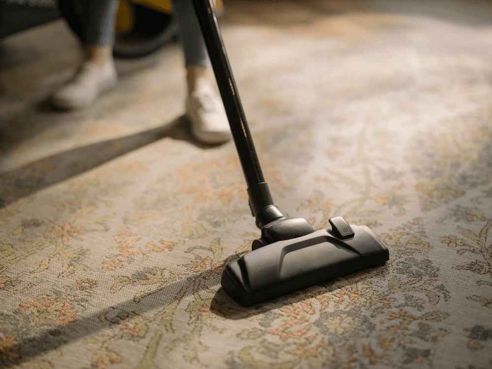 Nettoyage d’un tapis à motifs avec un aspirateur dans une pièce résidentielle lors de l’entretien intérieur de la maison.