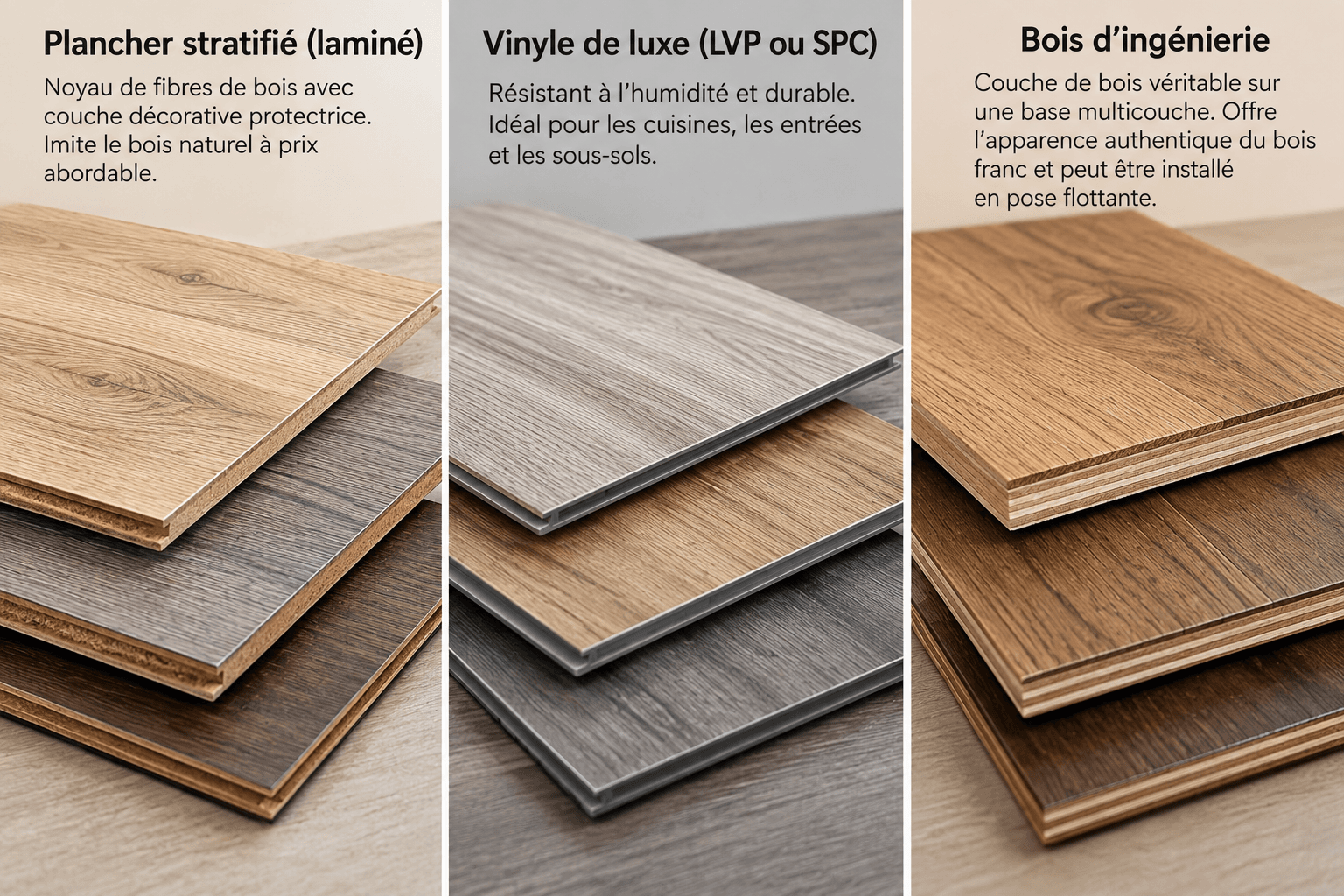 Comparaison de trois types de revêtements de plancher : stratifié laminé, vinyle de luxe LVP ou SPC et bois d’ingénierie, avec échantillons de lames, textures de bois et différentes finitions pour rénovation intérieure