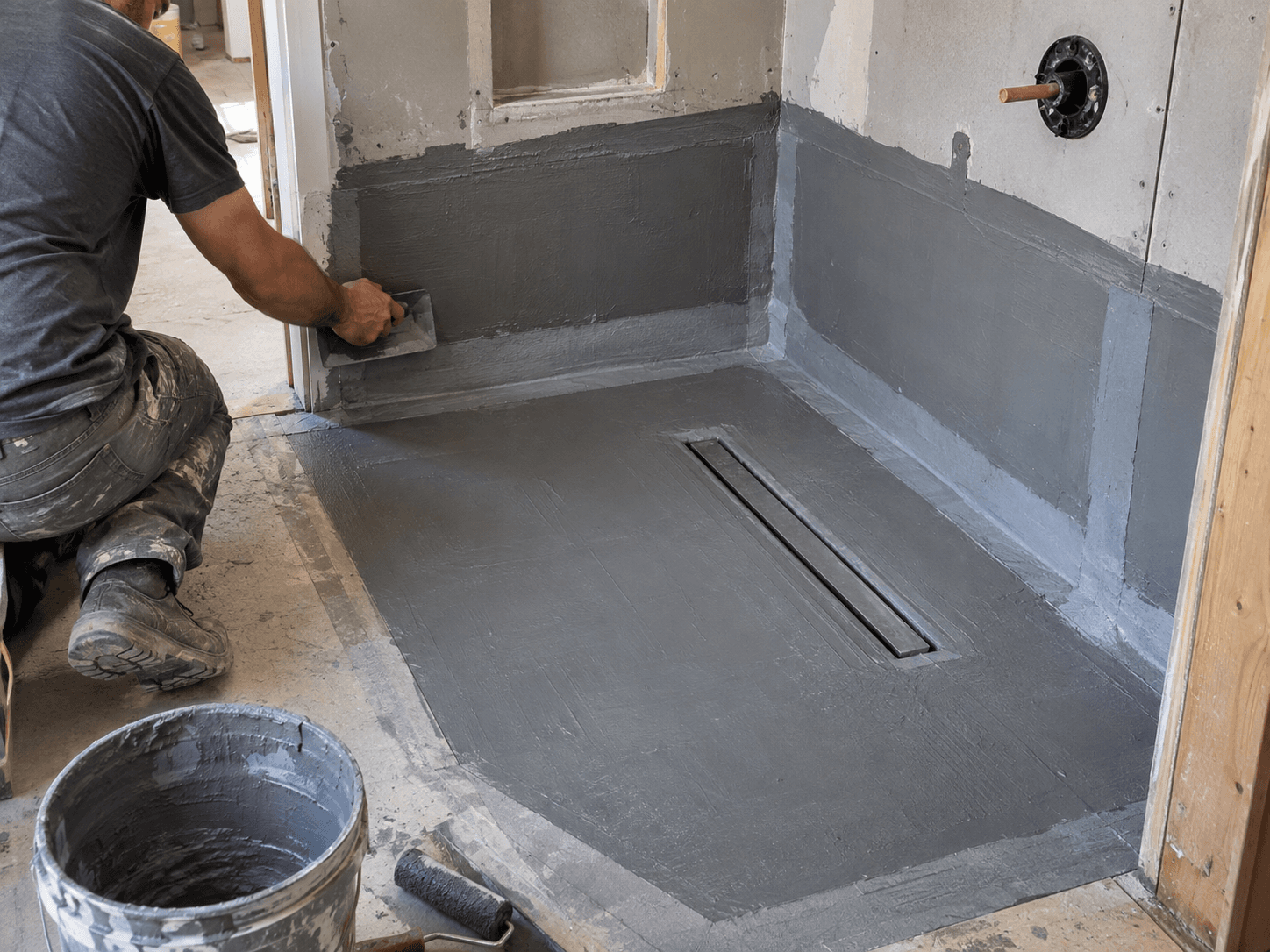 Travailleur appliquant une membrane d’imperméabilisation grise dans une douche en construction avec drain linéaire intégré et préparation des murs pour le carrelage