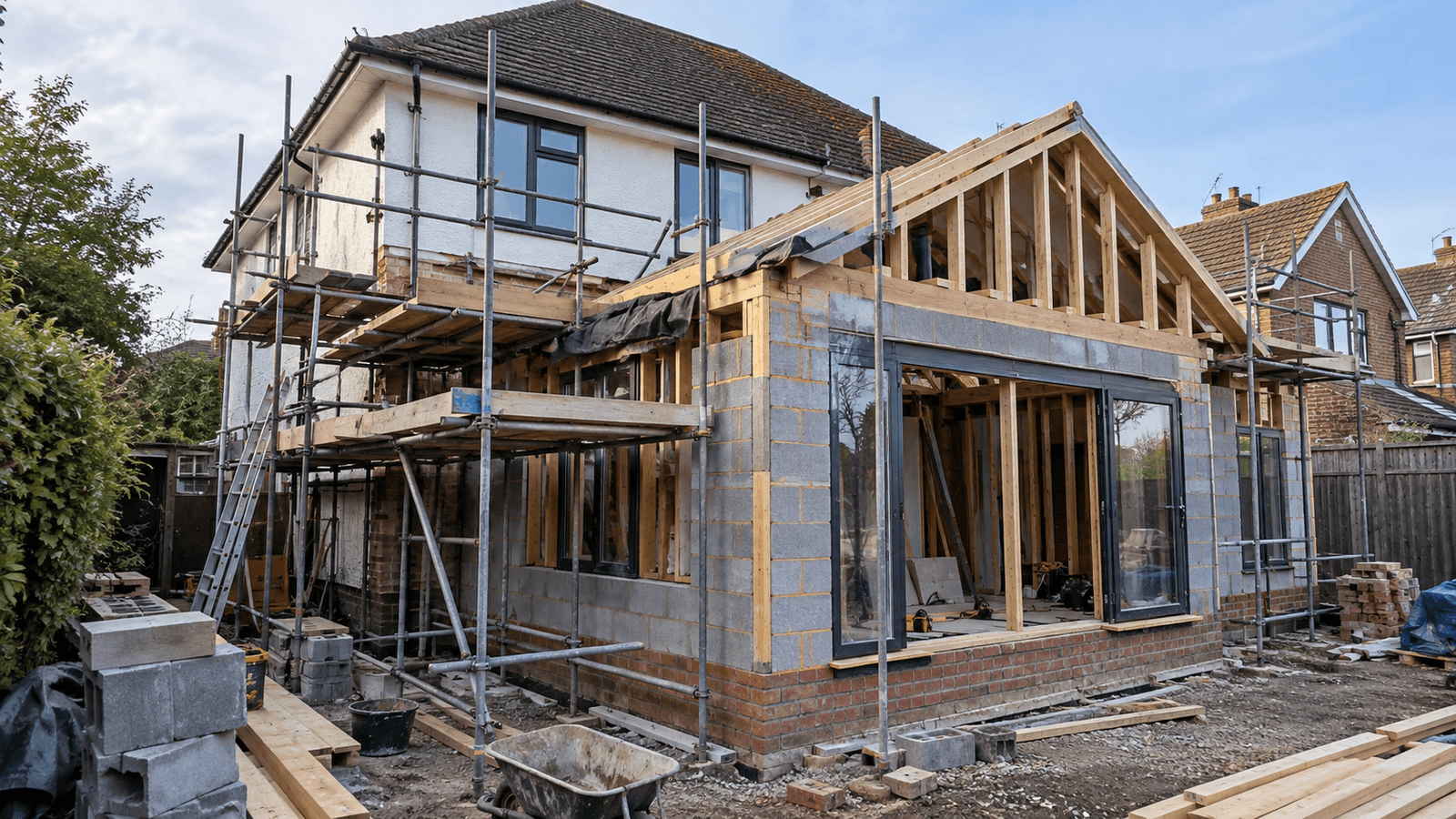 Agrandissement de maison en construction avec charpente en bois, murs en blocs de béton et briques, grandes ouvertures et échafaudages autour du chantier